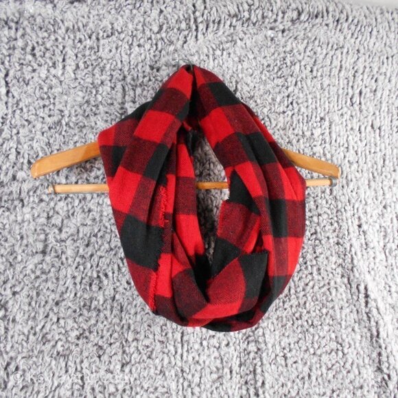 BUFFALO Plaid Infinity Scarf Wool Feel Raw Edge Red and Black - Picture 1 of 6